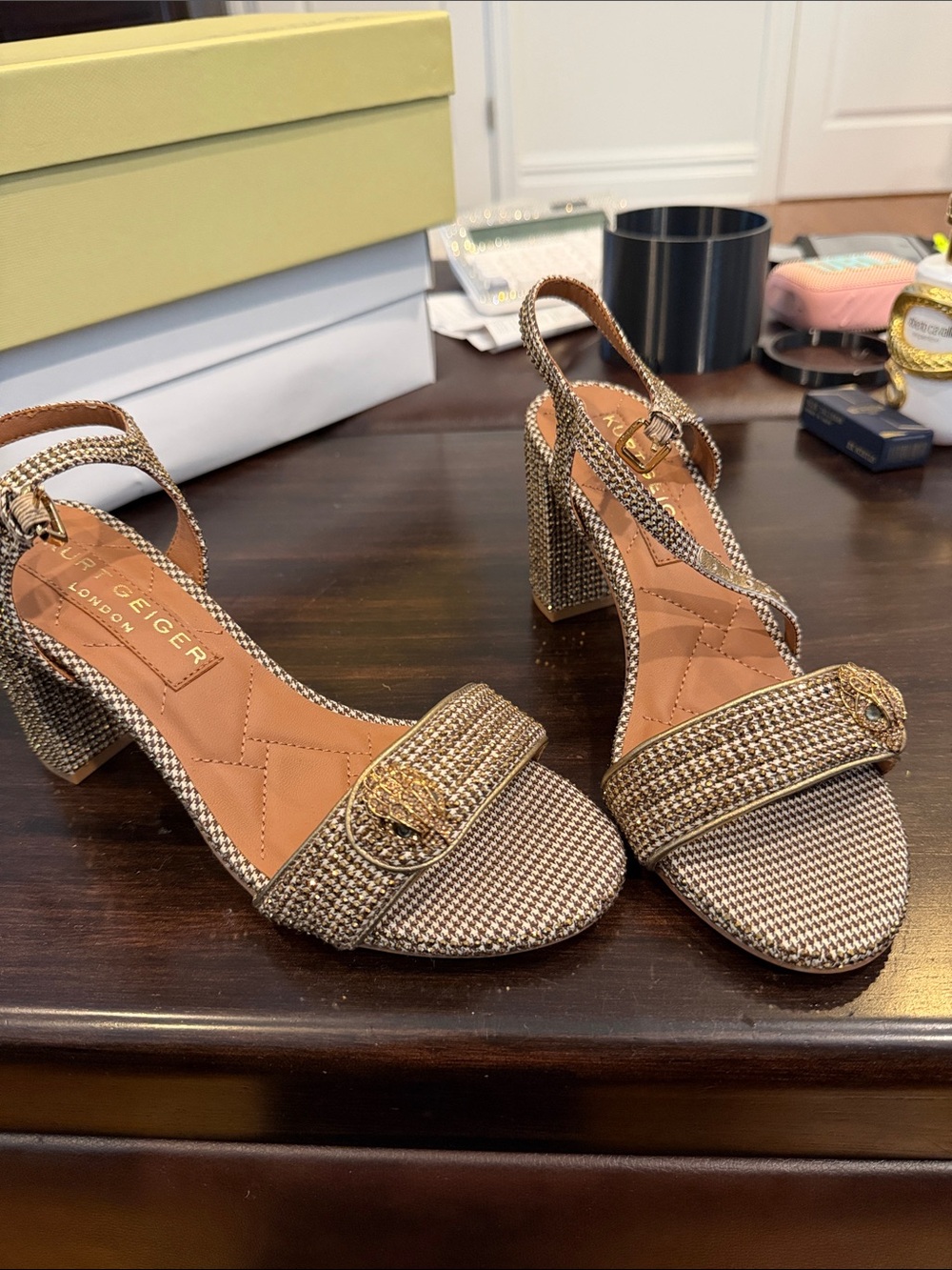 Kurt Geiger Gold Tweed Block Heel Sandals